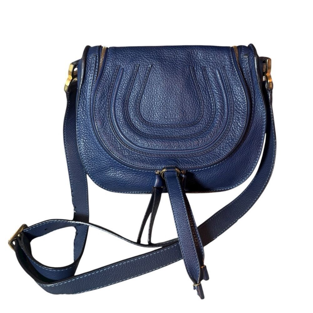 CHLOE Blue Leather Marcie Saddle Crossbody Bag